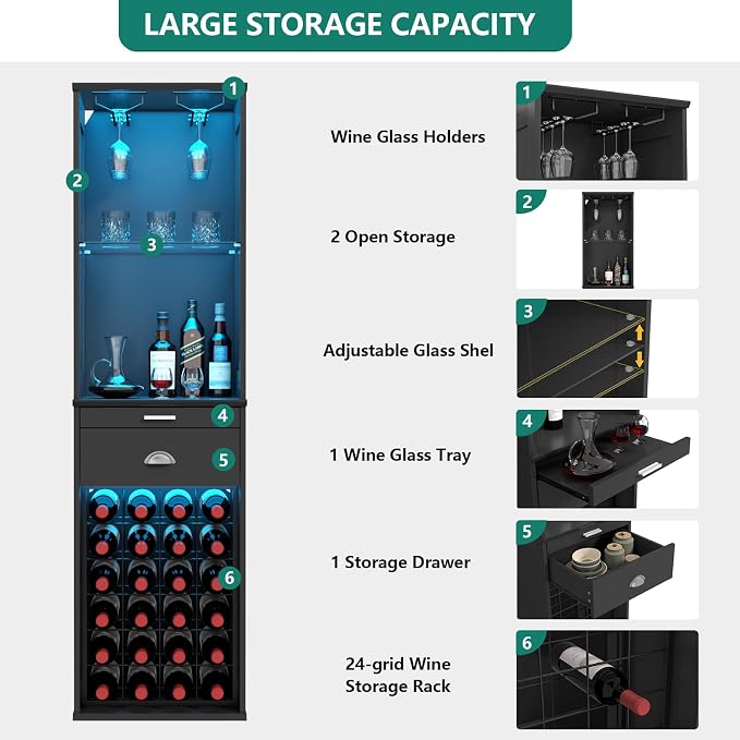 Loomie Wine Bar Cabinet with LED Lights, Kitchen Storage with Tray & Drawer & - Image 5