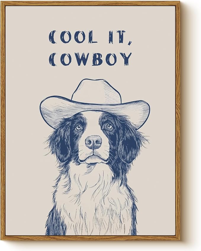 Funny Cowboy Hat Dog Illustration Wall Art “Cool It, Cowboy” Framed Canvas Print by WHASAYART
