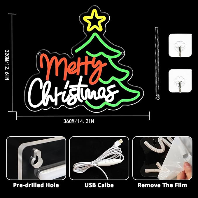 Merry Christmas Neon Sign for Wall Decor, Dimmable Christmas Tree Neon Signs - Image 2