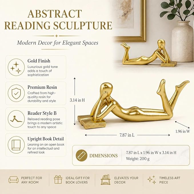 Gold Reading Statue Style B, Abstract Reader Figurine, Resin Book Decor - Image 2