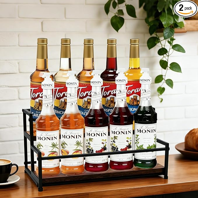 Coffee Syrup Rack Organizer, 2-Tier | Metal Bottle Holder, 10 Bottles Capacity by HRUSGO