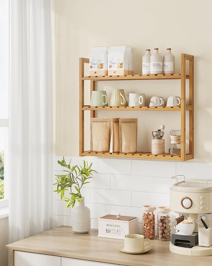 SONGMICS Bamboo Bathroom Shelf, 3-Tier Adjustable Plants Rack, Wall-Mounted or - Image 2