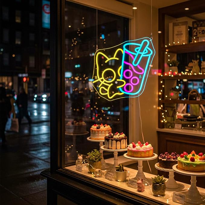 Looklight Cat Boba Tea Neon Sign Yellow Cute Kitty Bubble Tea Neon Signs - Image 2