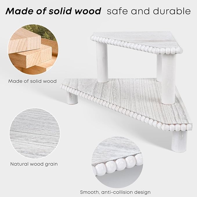 2-Tier Rustic Corner Shelf for Kitchen Counter, Wood Beaded Farmhouse - Image 5