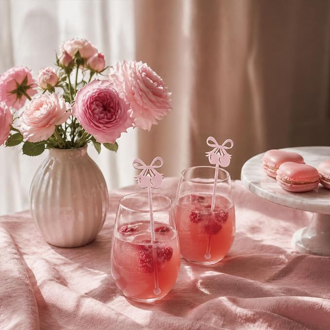 30 PCS 6 Inch Matte Pink Bow Cherry Drink Stirrers, Acrylic Swizzle Sticks - Image 3