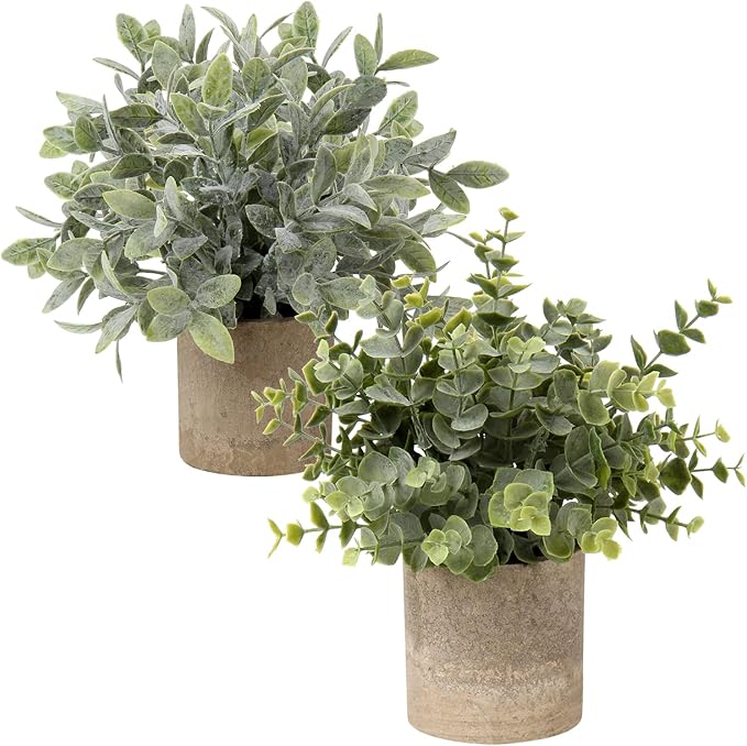 Briful Artificial Potted Plants Set of 2 Small Faux Plant Eucalyptus Mini Fake by Briful