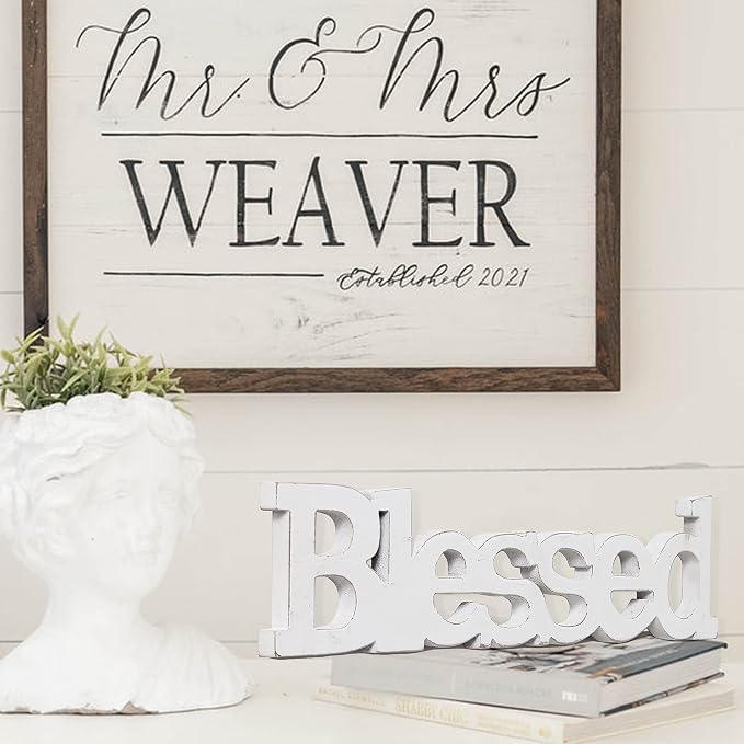 Farmhouse Wood Blessed Sign for Table 15", Hanging Distressed White Wall - Image 7