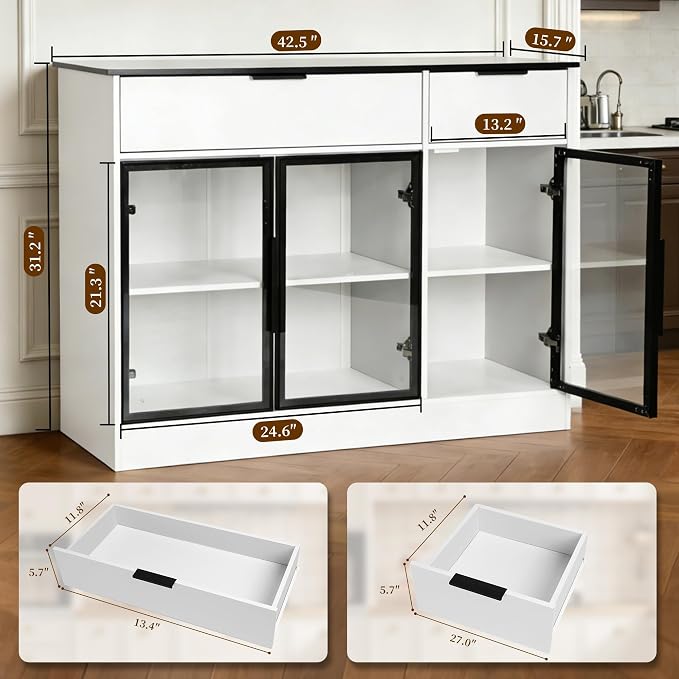 Buffet Cabinet with Drawers, Buffet Storage Cabinet with Transparent Glass Doors - Image 3