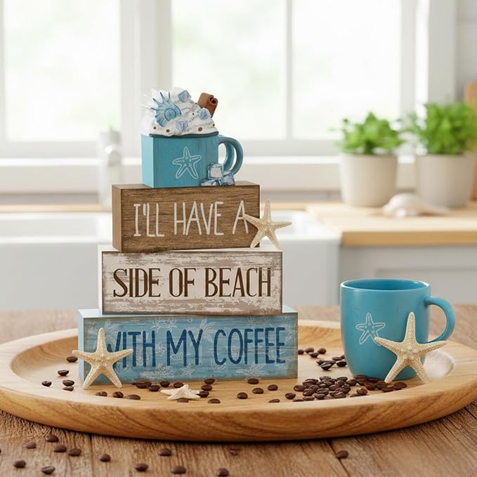 Lineshading 4 Pcs Summer Table Decorations Beach Coffee Bar Wooden Block Sign - Image 2