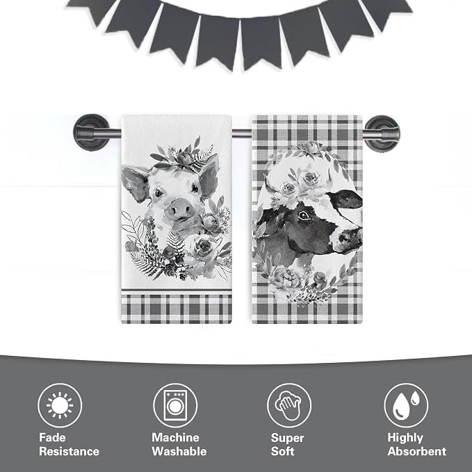 Farm Animal Kitchen Dish Towels Set of 2, Farmhouse Pig Cow Black White Buffalo - Image 6