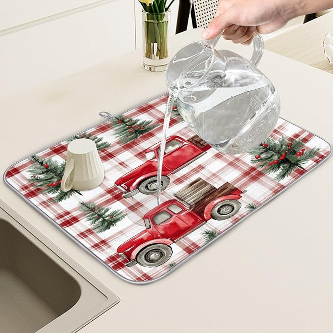 Plaid Christmas Pattern With Trucks Dish Drying Mat, Kitchen Counter Quick Dry - Image 5