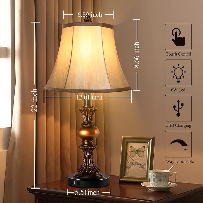 Touch Control Traditional Table Lamp Set of 2, Vintage Bedside Lamps - Image 5