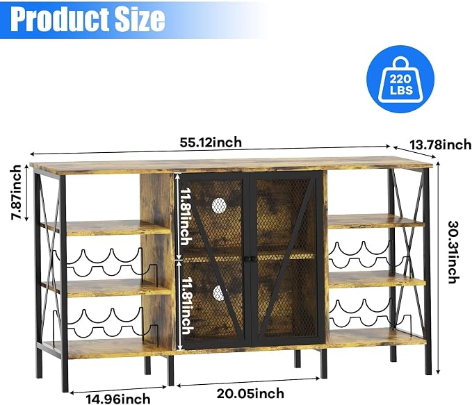55" Wine Bar Cabinet with LED Light, Wine Rack & Glass Holder, Mesh Doors & - Image 2