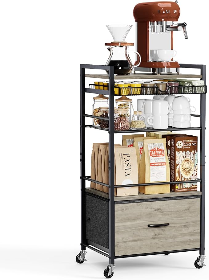 Coffee Bar Cabinet with Storage，5 Tier Coffee Station Table on Wheels, 33.6" H by Lurgno
