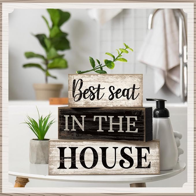 Moucuny 4 Pcs Bathroom Shelf Decor Signs Farmhouse Best Seat in the House - Image 6