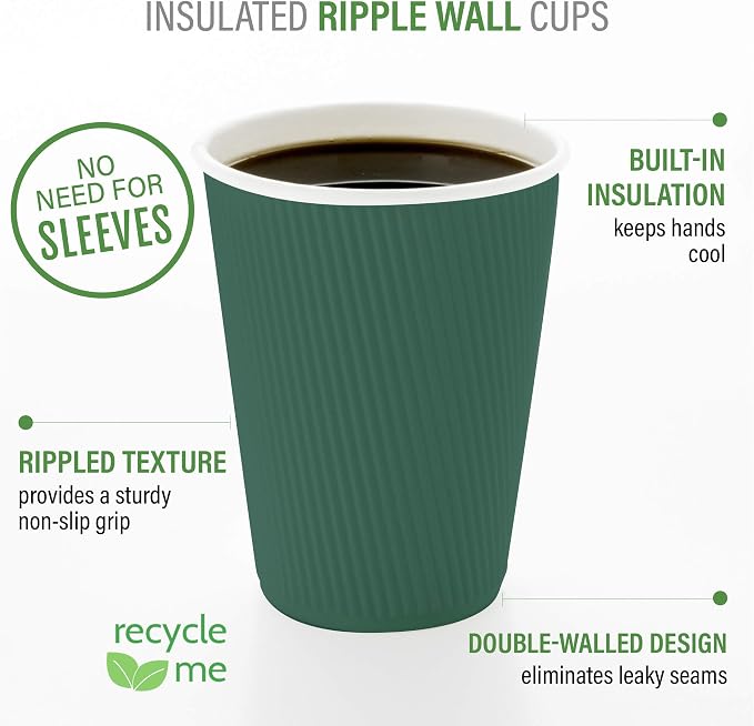 Restaurantware Ripple Wall Coffee Cups 25 Count 12 Ounce Insulated Forest Green - Image 4