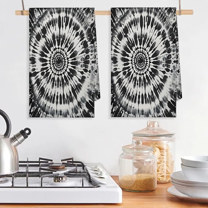 Black Tie Dye Kitchen Towels Set of 2 Absorbent Drying Dish Towels, Tea Towels - Image 5