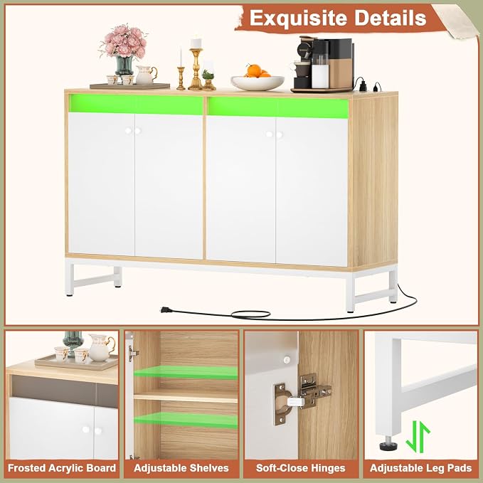 Aheaplus Sideboard Buffet with Power Outlet, Kitchen Storage Cabinet with LED - Image 7