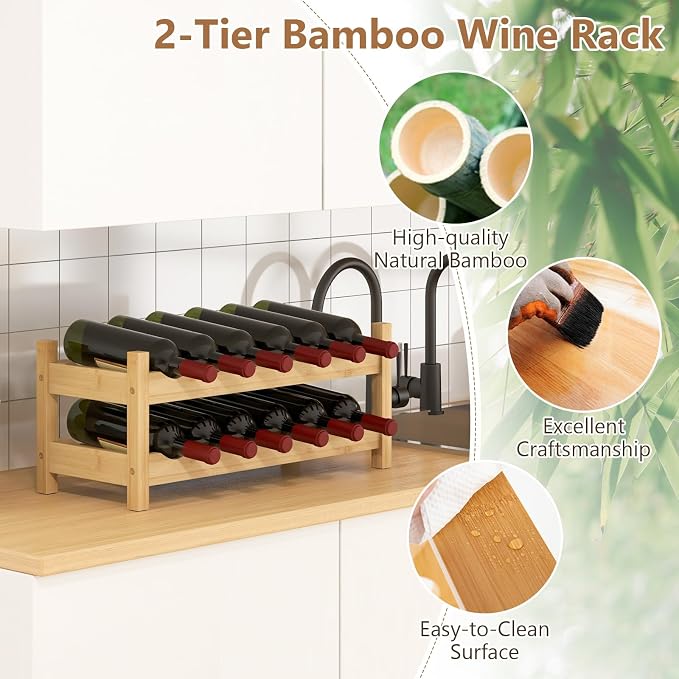 Giantex Bamboo Wine Rack, 2 Tier 12 Bottle Wine Storage Cabinet Shelf, Small - Image 3