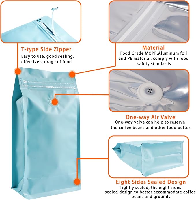 Coffee Bags with Valve Blue High Barrier Aluminum Foil Flat Bottom Standing - Image 2