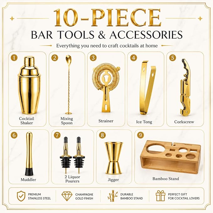 Gold Cocktail Shaker Set, Premium 18/8 Stainless Steel Mixology Bartender Kit - Image 2