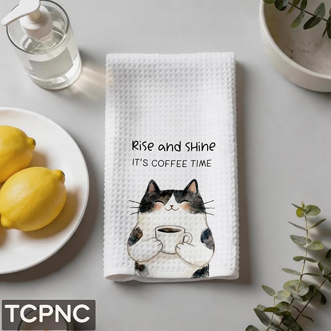 Cute Calico Cat Kitchen Towel, Calico Coffee Cat Tea Towel - Image 5