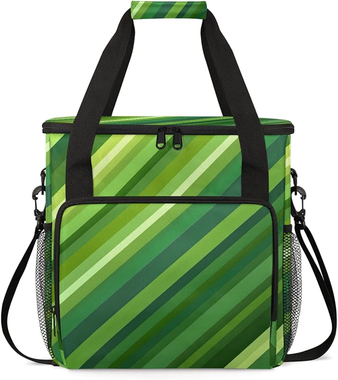 Green Coffee Maker Travel Bag, Stripes Insulated Grocery Bag Travel Picnic by Home