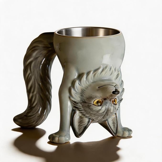 2-IN-1 Gray Wolf Coffee Mug – Funny 3D Animal Novelty Cup Unique Inverted by FaceNFace