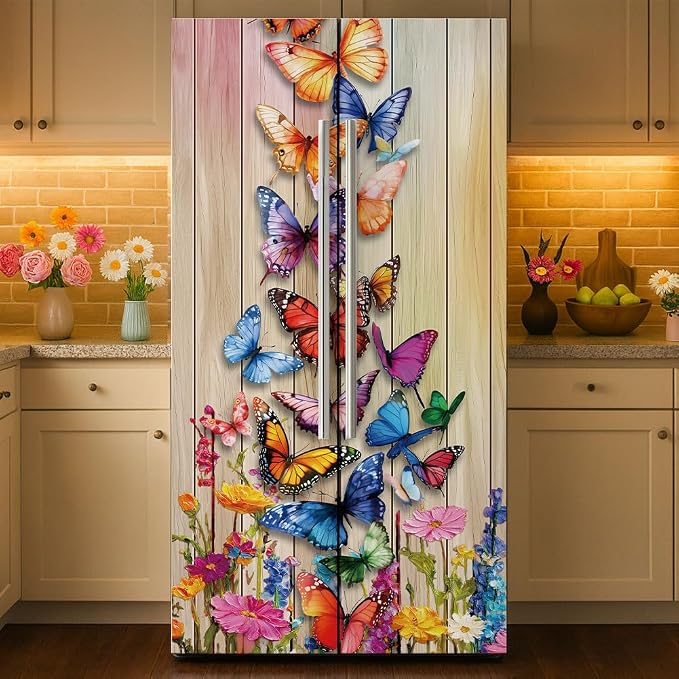 2 Pcs Butterfly Flowers Fridge Decor Stickers, Self-Adhesive Fridge Stickers by GOMAKERER