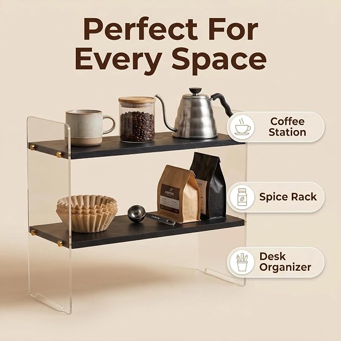 Coffee Station Organizer 2 Tier, Solid Wood Mug Shelffor Coffee Bar, Matcha - Image 5