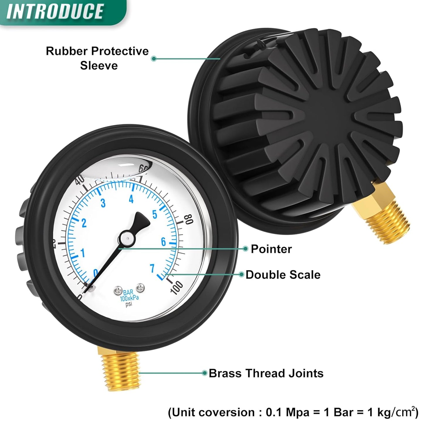 0-100PSI Stainless Steel Liquid Filled Pressure Gauge, 2.5" Dial Size, 1/4" NPT Lower Mount, with Rubber Protective Sleeve, for Tube, Water Pump, Gas, Liquid, Pressure Test