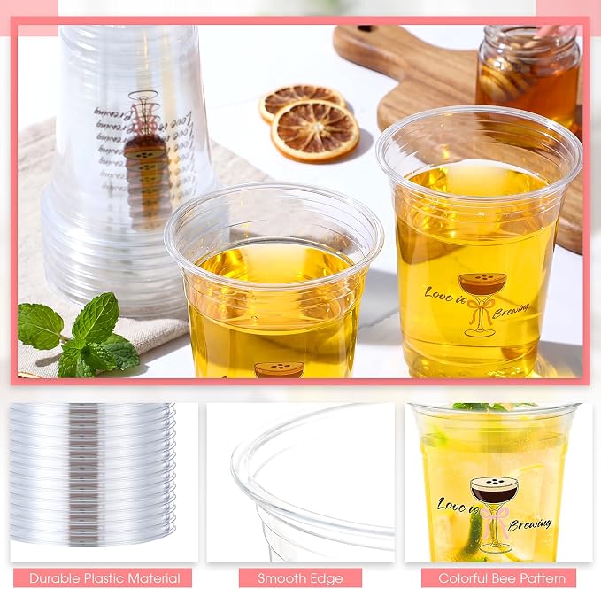 100 Pcs Wedding Plastic Cups Bulk 16 oz Clear Disposable Love Is Brewing Cups - Image 3