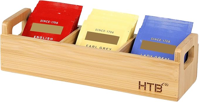 HTB Small Tea Bag Holder, Bamboo Tea Organizer 3 Compartments by HTB