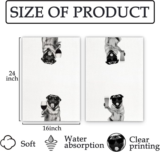 Gifts for Pug Dog Wine Lovers Kitchen Towels Set of 2, Pug Gifts Wine - Image 7