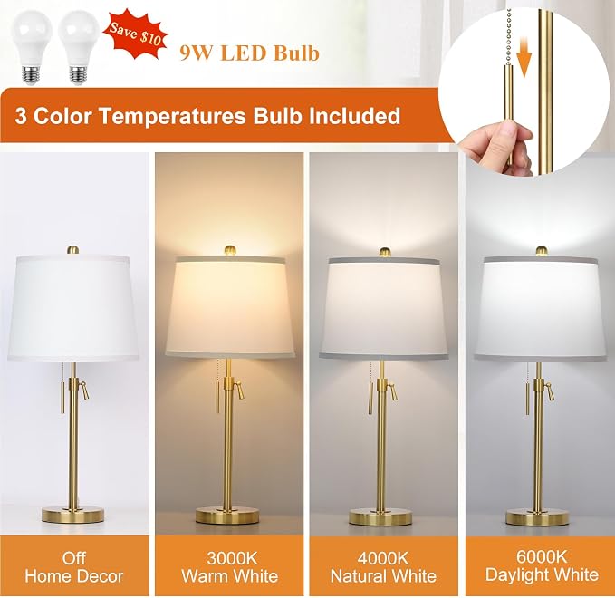 JUNNAI 2 Pack 22"-30" Adjustable Height Table Lamps Set, Modern Gold Table Lamps - Image 3