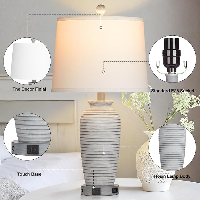 CINSARY 25" Farmhouse Jar Table Lamps Set of 2, 3 Way Touch Control Rustic - Image 7