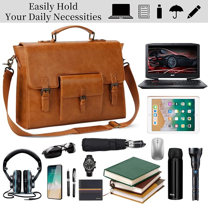 Leather Messenger Bag for Men 15.6 Inch Waterproof Vintage Leather Laptop - Image 3