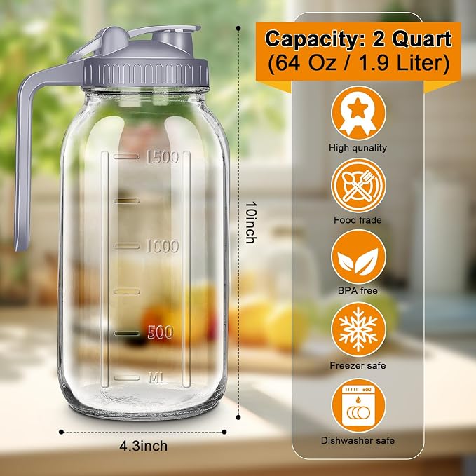 64oz Glass Pitcher with Lid, 2 Quart Mason Jar Pitchers with Lid and Spout - Image 2