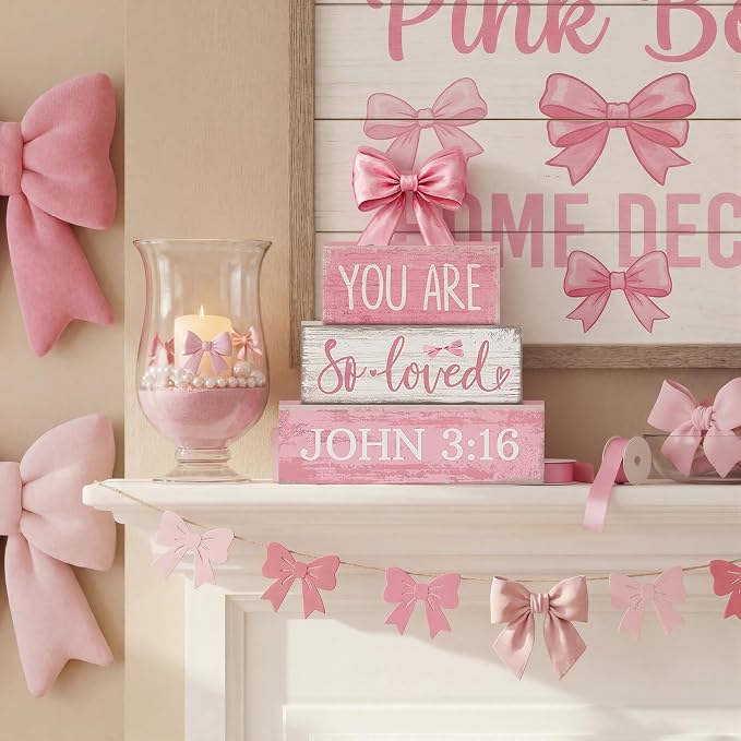 Lineshading 4 Pcs Pink Bow Decor Christian Table Decor Wooden Block Signs Set - Image 4