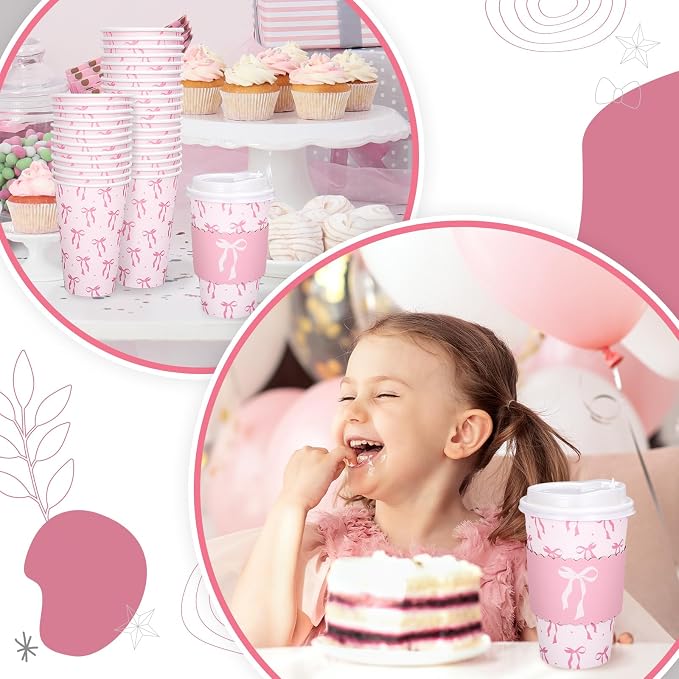 Whaline 50 Set Pink Bow Disposable Coffee Cups - Image 7