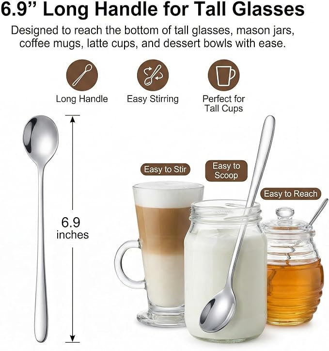 Iced Tea Spoons Set of 6, 6.9 Inch Long Handle Stainless Steel Stirring Spoons - Image 2