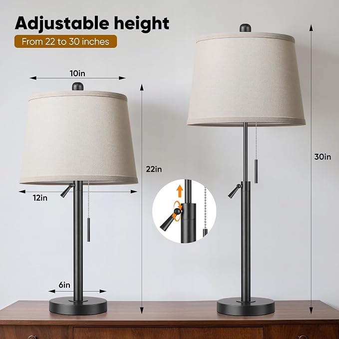 PARTPHONER Bedside Table Lamps Set of 2, Tall Black Table Lamps - Image 2