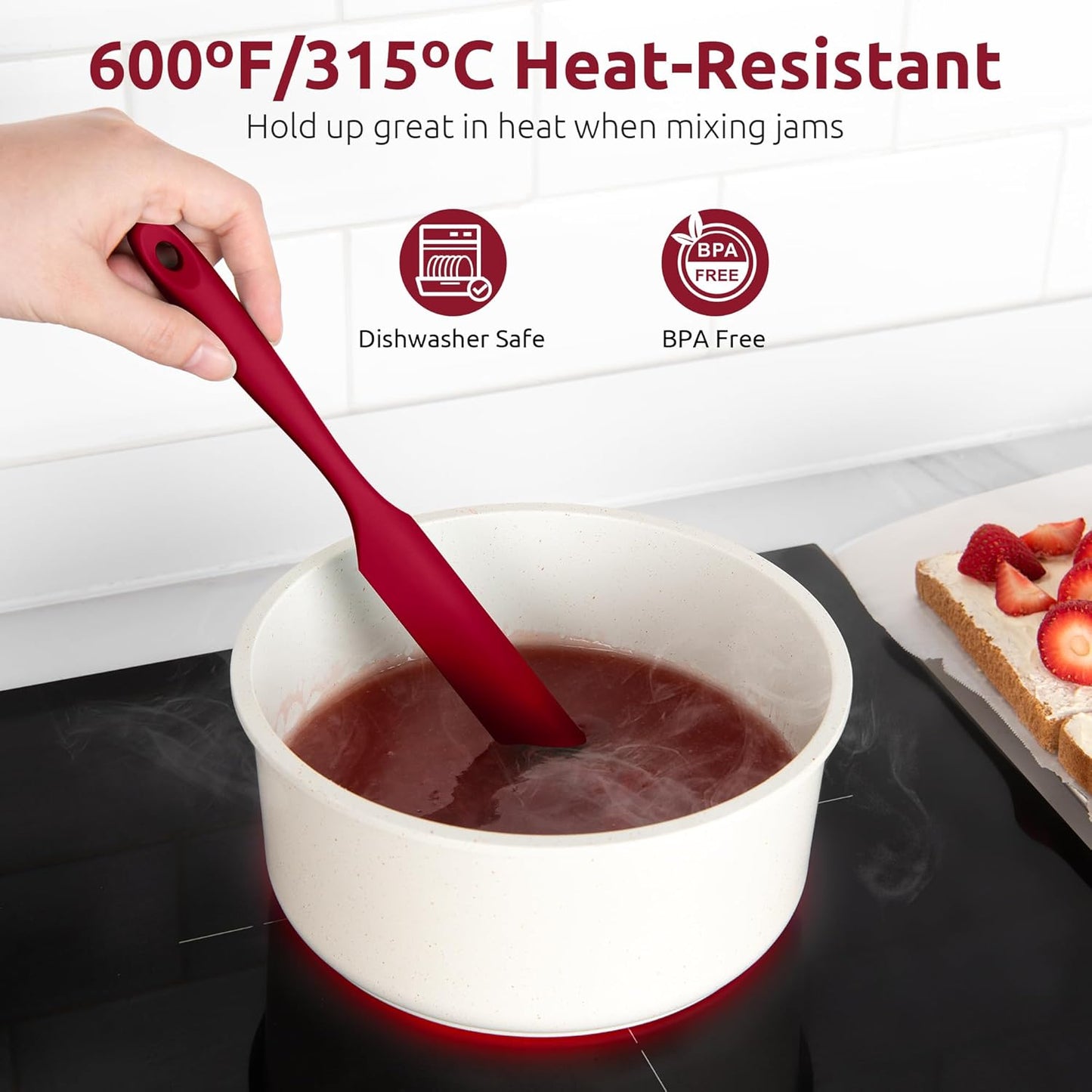 U-Taste Skinny Silicone Jar Spatula: 600ºF Heat-Resistant Food-Grade 10in Long Narrow Sourdough Stirring Stick, Seamless Flexible Peanut Butter Spreader for Scraping Icing Bread Cream, Jam (Red)