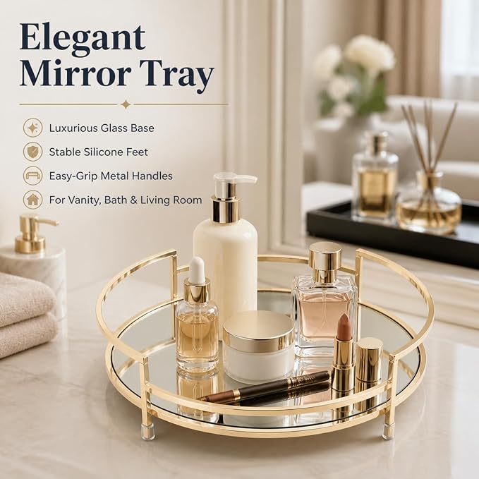 Round 12" Mirror Decor & Golden Tray, Metal Mirror Serving & Glass Vanity & - Image 2