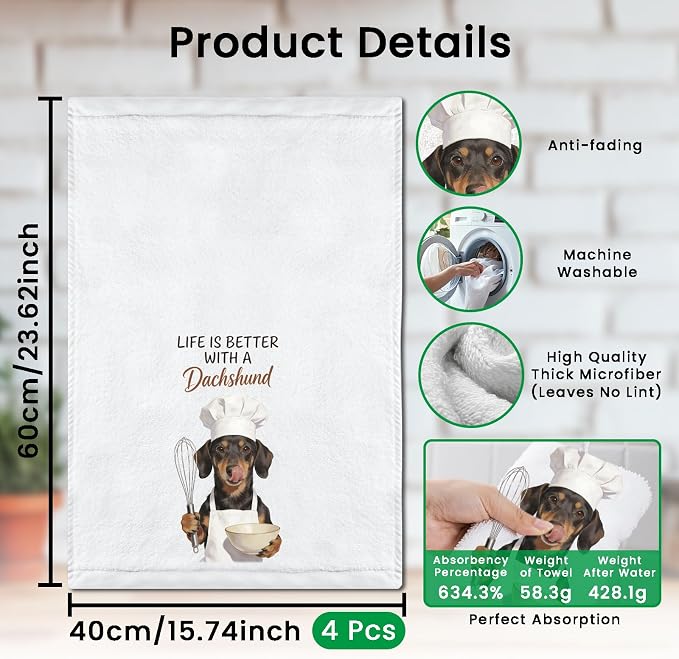 CUTHOLLOW Baking Dog Chefs Decorative Kitchen Towels Set of 4, 15.74"x23.62" - Image 2