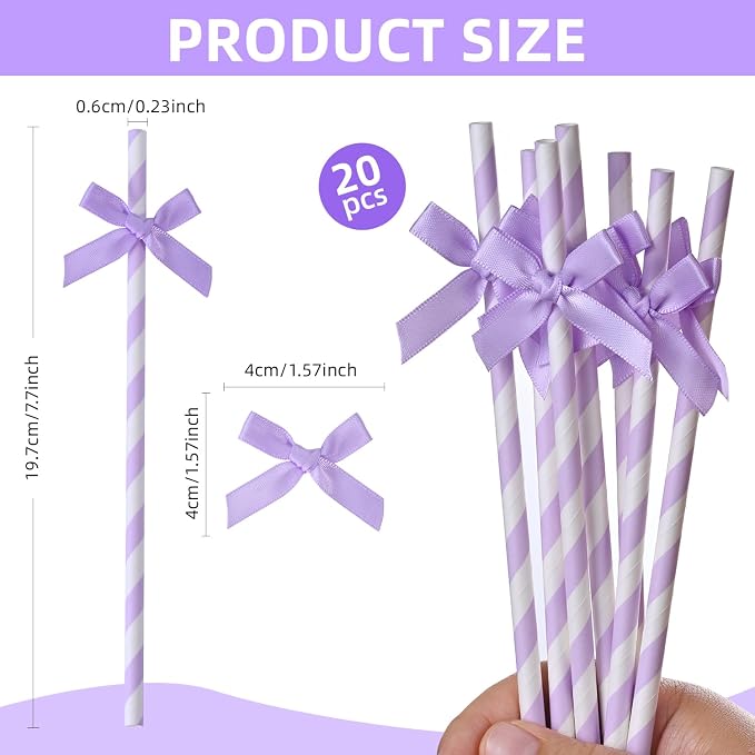 20pcs Kpop Purple Bow Straw, 7.7inch Biodegradable Cute Paper Cake Pops Treat - Image 2