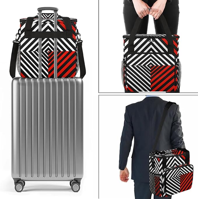 Black White and Red Coffee Maker Travel Bag, Striped Insulated Grocery Bag - Image 7