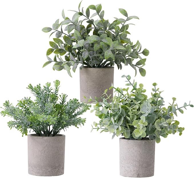 3 Pack Small Potted Fake Plants Artificial Eucalyptus Realistic Bonsai Perfect by HOZON