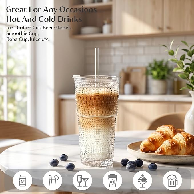INSETLAN 20oz Hobnail Glass Cups - Image 3