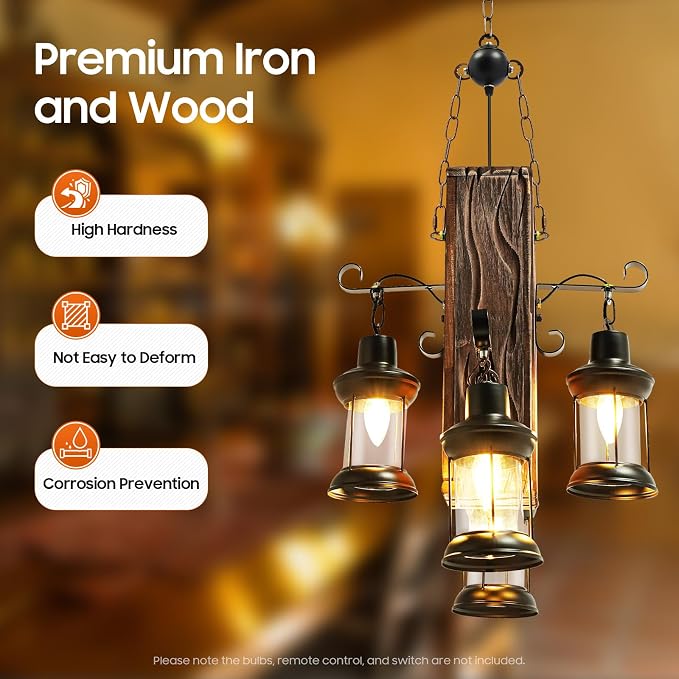 DouSeiAi Industrial Wooden Vintage 4-Light Pendant Light, Retro Loft Lantern - Image 2
